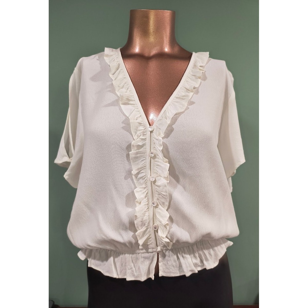 Dress Forum Cream Ruffle V-Neck Button Front Peplum Blouse Juniors Large NWT